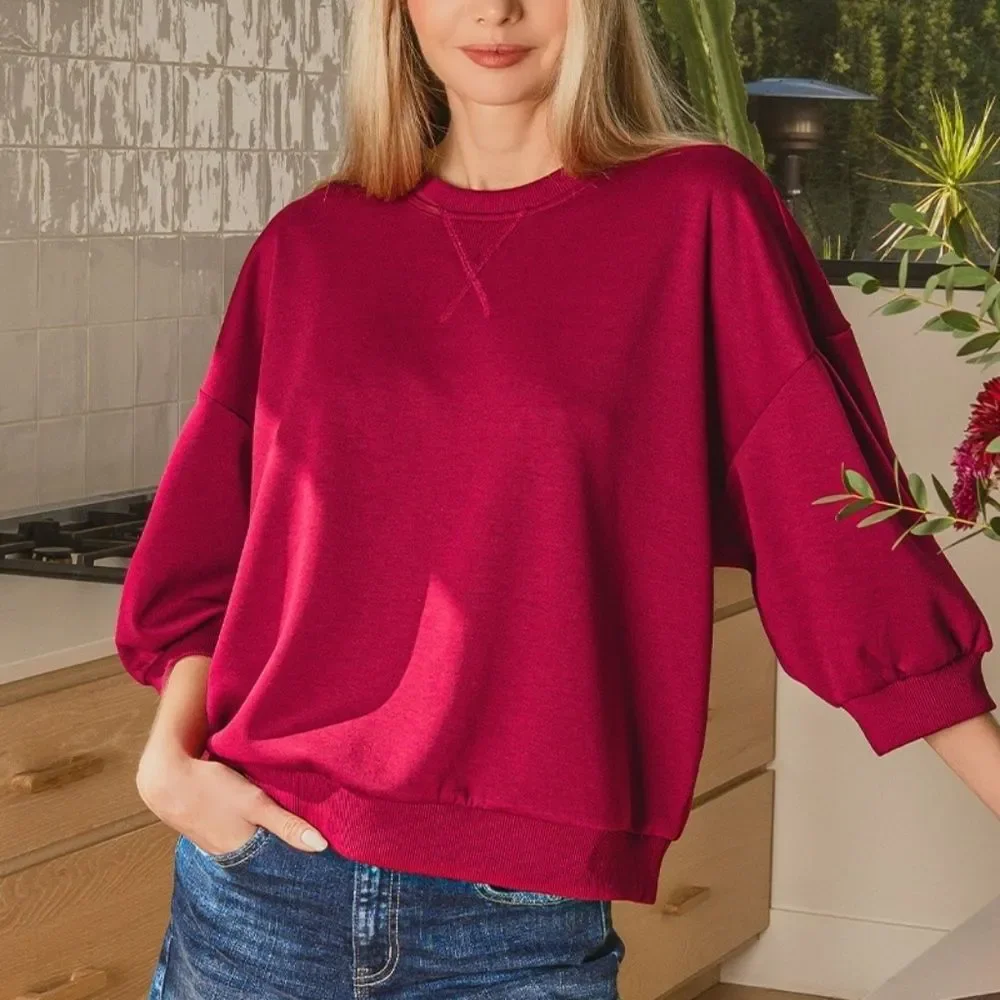 Zenana Scuba Dolman Sleeve Sweatshirt Casual Red Pullover Women's Top - Picture 6 of 7